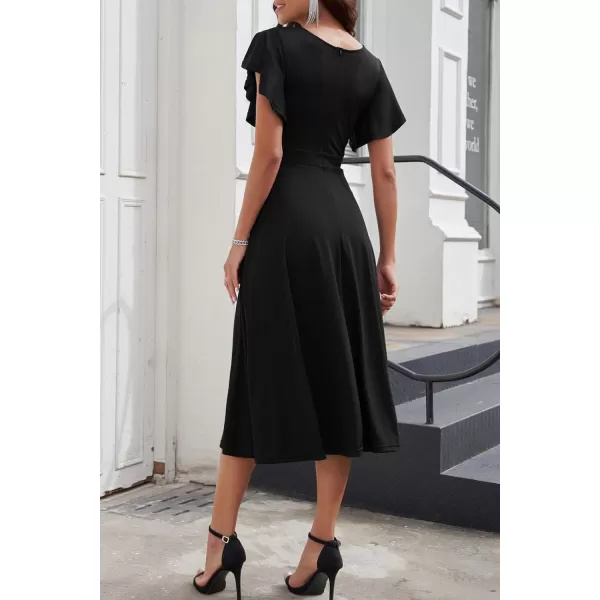 imagePRETTYGARDEN Womens 2023 Summer Midi Dress Ruffle Cap Sleeve V Neck Swing A Line Cocktail Party DressesBlack