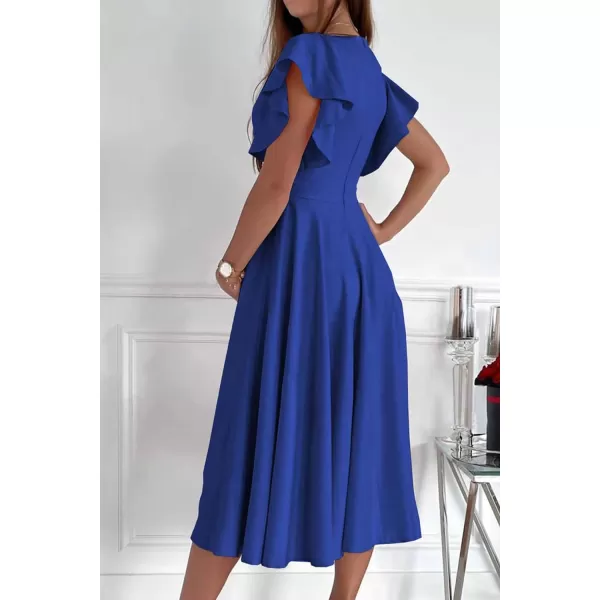 imagePRETTYGARDEN Womens 2023 Summer Midi Dress Ruffle Cap Sleeve V Neck Swing A Line Cocktail Party DressesBlue