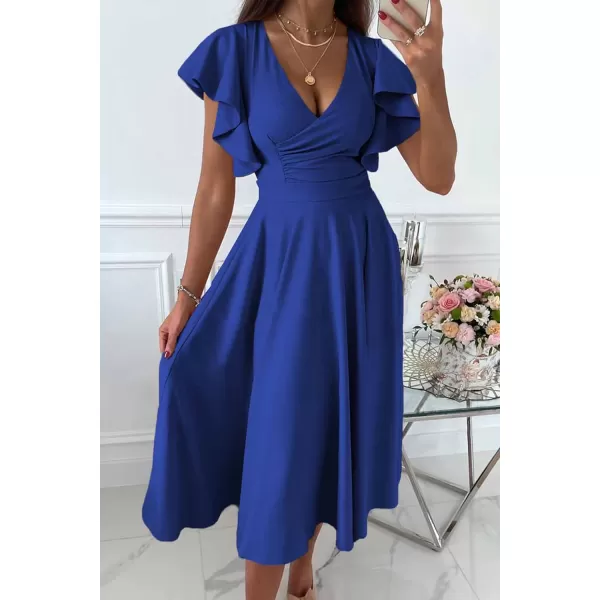 imagePRETTYGARDEN Womens 2023 Summer Midi Dress Ruffle Cap Sleeve V Neck Swing A Line Cocktail Party DressesBlue
