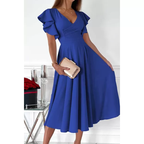 imagePRETTYGARDEN Womens 2023 Summer Midi Dress Ruffle Cap Sleeve V Neck Swing A Line Cocktail Party DressesBlue