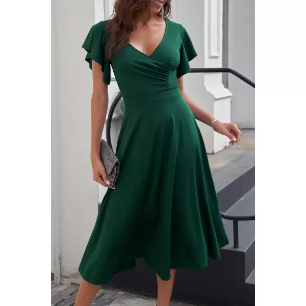 imagePRETTYGARDEN Womens 2023 Summer Midi Dress Ruffle Cap Sleeve V Neck Swing A Line Cocktail Party DressesDark Green
