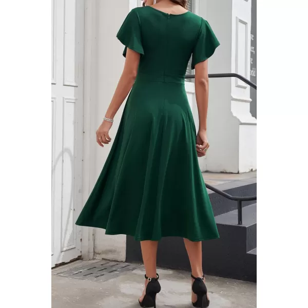 imagePRETTYGARDEN Womens 2023 Summer Midi Dress Ruffle Cap Sleeve V Neck Swing A Line Cocktail Party DressesDark Green
