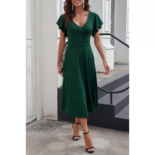 imagePRETTYGARDEN Womens 2023 Summer Midi Dress Ruffle Cap Sleeve V Neck Swing A Line Cocktail Party DressesDark Green