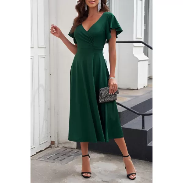 imagePRETTYGARDEN Womens 2023 Summer Midi Dress Ruffle Cap Sleeve V Neck Swing A Line Cocktail Party DressesDark Green