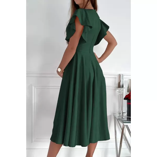 imagePRETTYGARDEN Womens 2023 Summer Midi Dress Ruffle Cap Sleeve V Neck Swing A Line Cocktail Party DressesDark Green