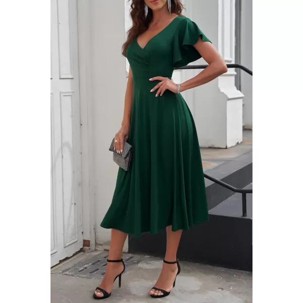 imagePRETTYGARDEN Womens 2023 Summer Midi Dress Ruffle Cap Sleeve V Neck Swing A Line Cocktail Party DressesDark Green