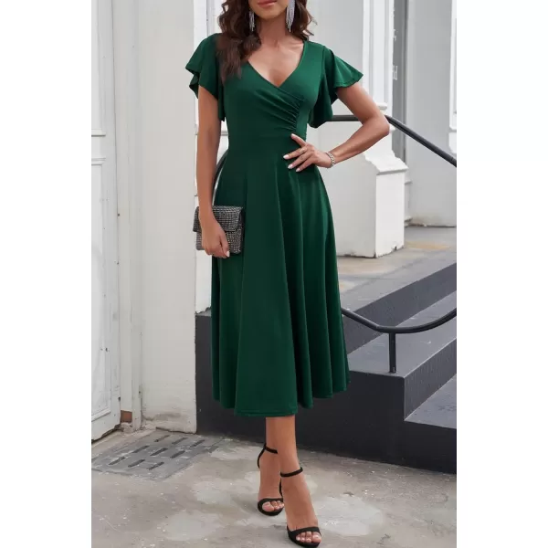 imagePRETTYGARDEN Womens 2023 Summer Midi Dress Ruffle Cap Sleeve V Neck Swing A Line Cocktail Party DressesDark Green