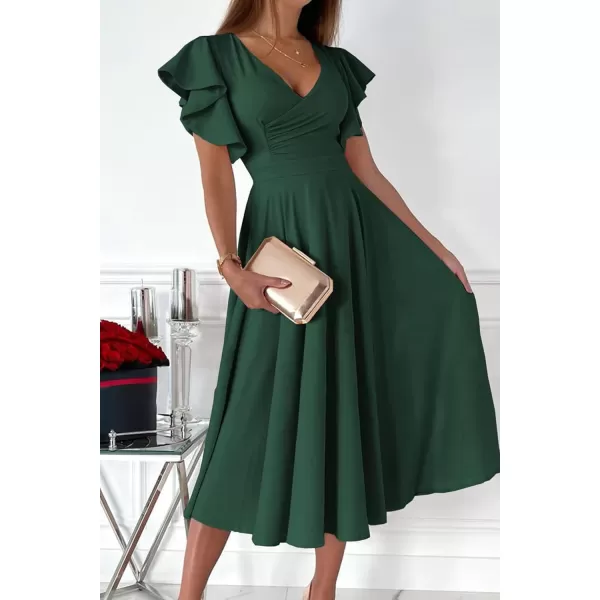 imagePRETTYGARDEN Womens 2023 Summer Midi Dress Ruffle Cap Sleeve V Neck Swing A Line Cocktail Party DressesDark Green