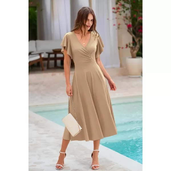 imagePRETTYGARDEN Womens 2023 Summer Midi Dress Ruffle Cap Sleeve V Neck Swing A Line Cocktail Party DressesKhaki