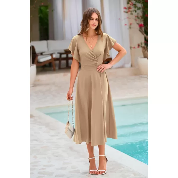 imagePRETTYGARDEN Womens 2023 Summer Midi Dress Ruffle Cap Sleeve V Neck Swing A Line Cocktail Party DressesKhaki