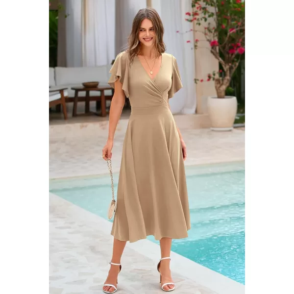 imagePRETTYGARDEN Womens 2023 Summer Midi Dress Ruffle Cap Sleeve V Neck Swing A Line Cocktail Party DressesKhaki