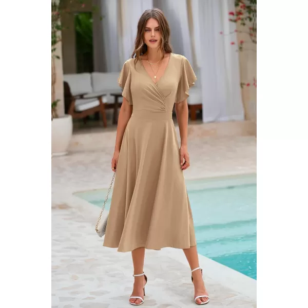 imagePRETTYGARDEN Womens 2023 Summer Midi Dress Ruffle Cap Sleeve V Neck Swing A Line Cocktail Party DressesKhaki