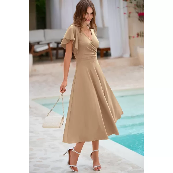 imagePRETTYGARDEN Womens 2023 Summer Midi Dress Ruffle Cap Sleeve V Neck Swing A Line Cocktail Party DressesKhaki