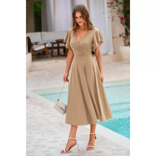 imagePRETTYGARDEN Womens 2023 Summer Midi Dress Ruffle Cap Sleeve V Neck Swing A Line Cocktail Party DressesKhaki