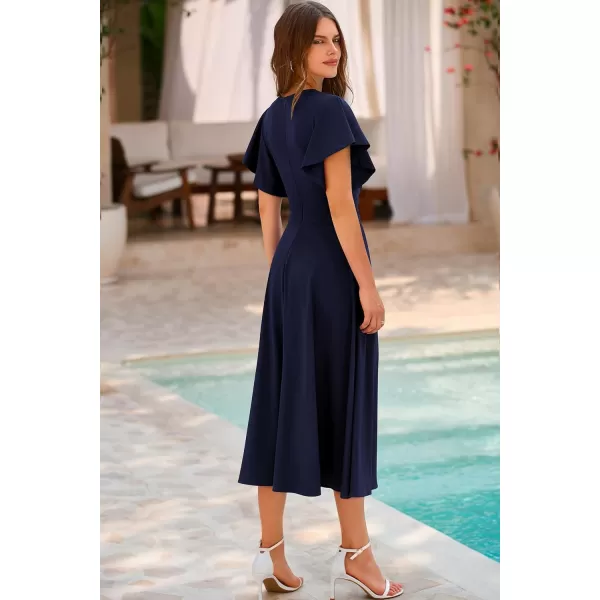 imagePRETTYGARDEN Womens 2023 Summer Midi Dress Ruffle Cap Sleeve V Neck Swing A Line Cocktail Party DressesNavy