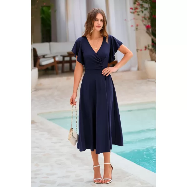 imagePRETTYGARDEN Womens 2023 Summer Midi Dress Ruffle Cap Sleeve V Neck Swing A Line Cocktail Party DressesNavy