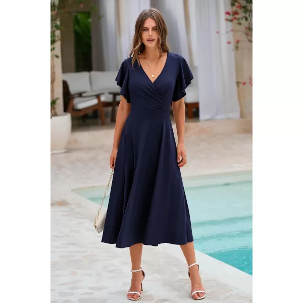 imagePRETTYGARDEN Womens 2023 Summer Midi Dress Ruffle Cap Sleeve V Neck Swing A Line Cocktail Party DressesNavy