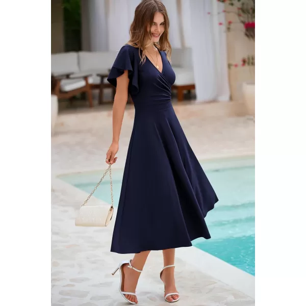 imagePRETTYGARDEN Womens 2023 Summer Midi Dress Ruffle Cap Sleeve V Neck Swing A Line Cocktail Party DressesNavy