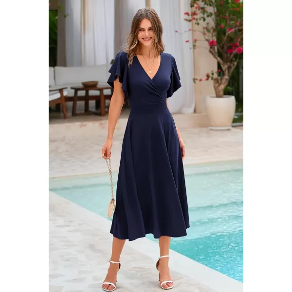 imagePRETTYGARDEN Womens 2023 Summer Midi Dress Ruffle Cap Sleeve V Neck Swing A Line Cocktail Party DressesNavy