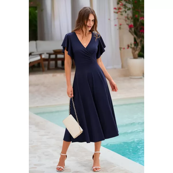 imagePRETTYGARDEN Womens 2023 Summer Midi Dress Ruffle Cap Sleeve V Neck Swing A Line Cocktail Party DressesNavy
