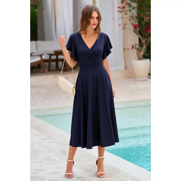 imagePRETTYGARDEN Womens 2023 Summer Midi Dress Ruffle Cap Sleeve V Neck Swing A Line Cocktail Party DressesNavy