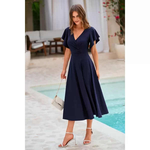 imagePRETTYGARDEN Womens 2023 Summer Midi Dress Ruffle Cap Sleeve V Neck Swing A Line Cocktail Party DressesNavy
