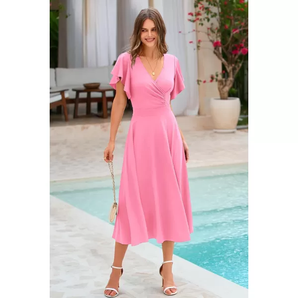 imagePRETTYGARDEN Womens 2023 Summer Midi Dress Ruffle Cap Sleeve V Neck Swing A Line Cocktail Party DressesPink