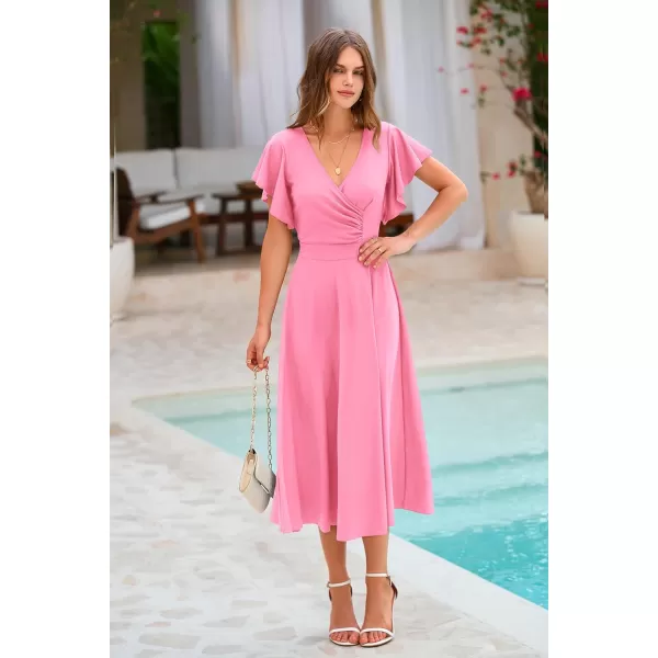 imagePRETTYGARDEN Womens 2023 Summer Midi Dress Ruffle Cap Sleeve V Neck Swing A Line Cocktail Party DressesPink