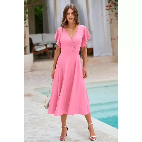 imagePRETTYGARDEN Womens 2023 Summer Midi Dress Ruffle Cap Sleeve V Neck Swing A Line Cocktail Party DressesPink