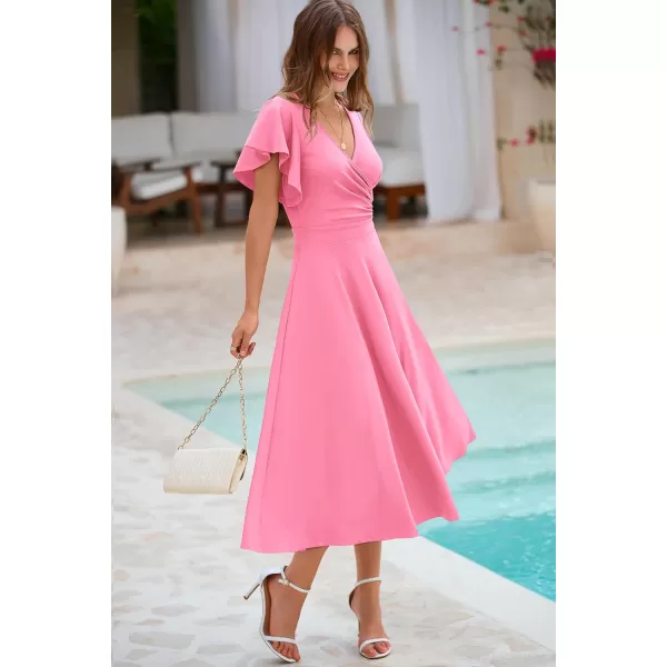 imagePRETTYGARDEN Womens 2023 Summer Midi Dress Ruffle Cap Sleeve V Neck Swing A Line Cocktail Party DressesPink