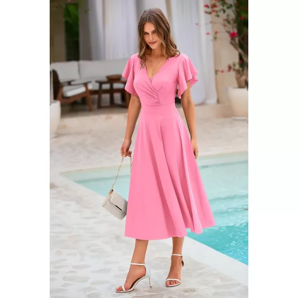 imagePRETTYGARDEN Womens 2023 Summer Midi Dress Ruffle Cap Sleeve V Neck Swing A Line Cocktail Party DressesPink