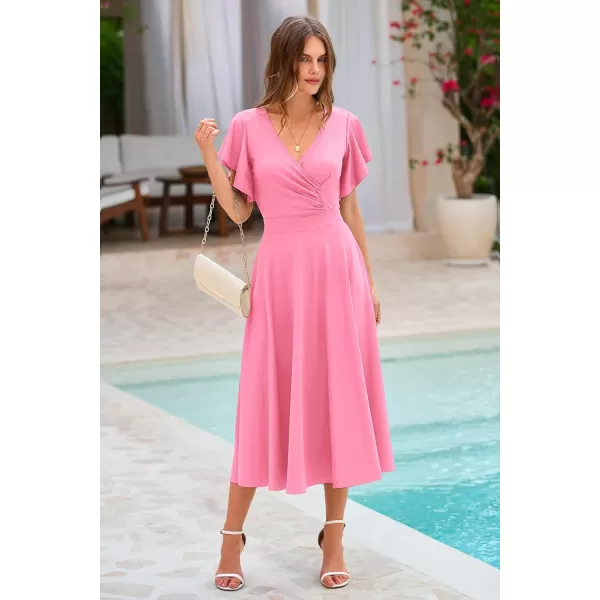 imagePRETTYGARDEN Womens 2023 Summer Midi Dress Ruffle Cap Sleeve V Neck Swing A Line Cocktail Party DressesPink