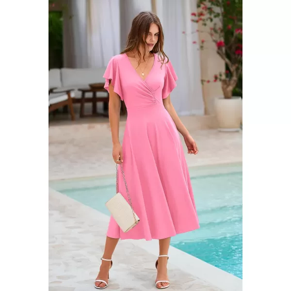 imagePRETTYGARDEN Womens 2023 Summer Midi Dress Ruffle Cap Sleeve V Neck Swing A Line Cocktail Party DressesPink