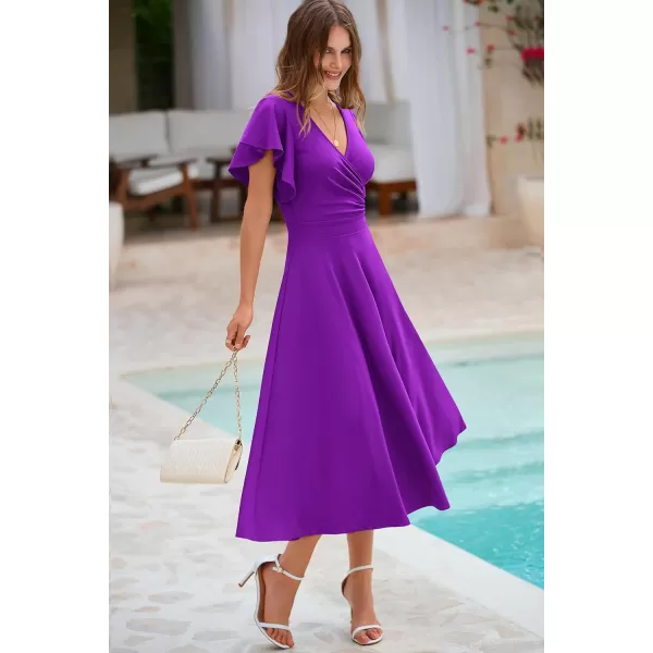 imagePRETTYGARDEN Womens 2023 Summer Midi Dress Ruffle Cap Sleeve V Neck Swing A Line Cocktail Party DressesPurple