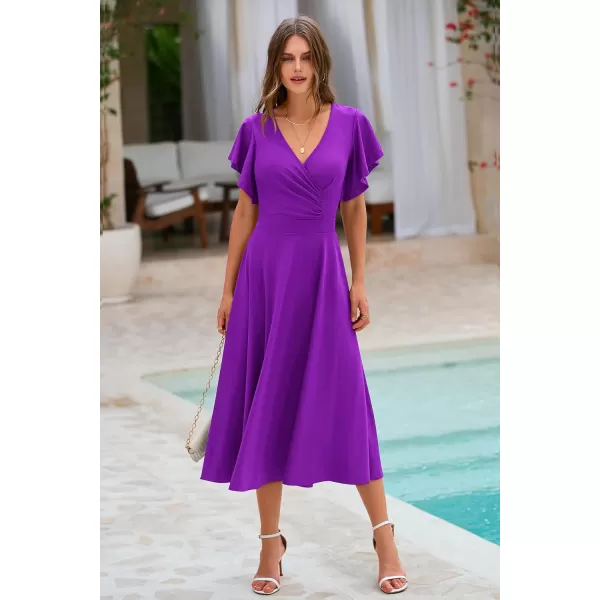 imagePRETTYGARDEN Womens 2023 Summer Midi Dress Ruffle Cap Sleeve V Neck Swing A Line Cocktail Party DressesPurple