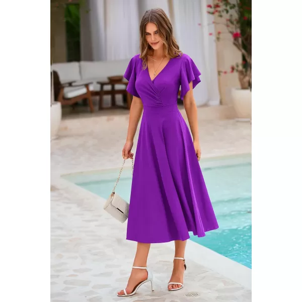 imagePRETTYGARDEN Womens 2023 Summer Midi Dress Ruffle Cap Sleeve V Neck Swing A Line Cocktail Party DressesPurple