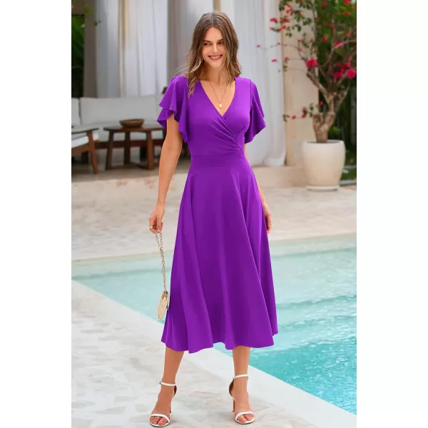 imagePRETTYGARDEN Womens 2023 Summer Midi Dress Ruffle Cap Sleeve V Neck Swing A Line Cocktail Party DressesPurple
