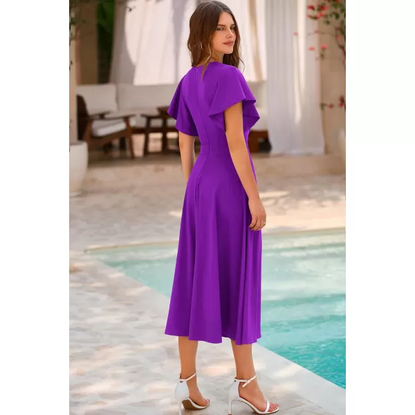 imagePRETTYGARDEN Womens 2023 Summer Midi Dress Ruffle Cap Sleeve V Neck Swing A Line Cocktail Party DressesPurple