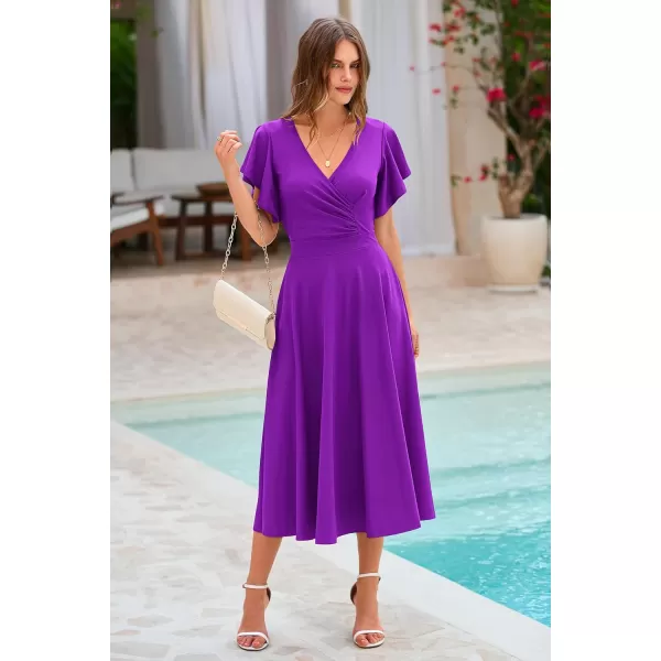 imagePRETTYGARDEN Womens 2023 Summer Midi Dress Ruffle Cap Sleeve V Neck Swing A Line Cocktail Party DressesPurple