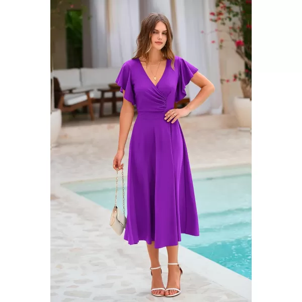 imagePRETTYGARDEN Womens 2023 Summer Midi Dress Ruffle Cap Sleeve V Neck Swing A Line Cocktail Party DressesPurple