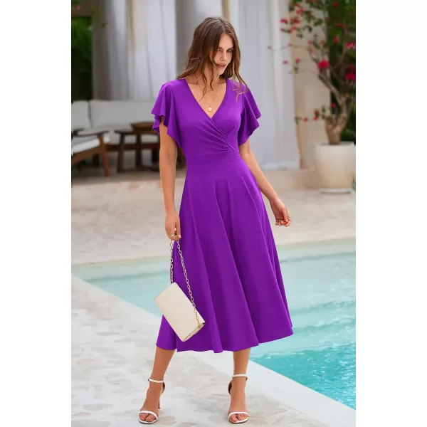 imagePRETTYGARDEN Womens 2023 Summer Midi Dress Ruffle Cap Sleeve V Neck Swing A Line Cocktail Party DressesPurple