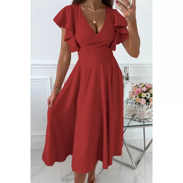 imagePRETTYGARDEN Womens 2023 Summer Midi Dress Ruffle Cap Sleeve V Neck Swing A Line Cocktail Party DressesRed