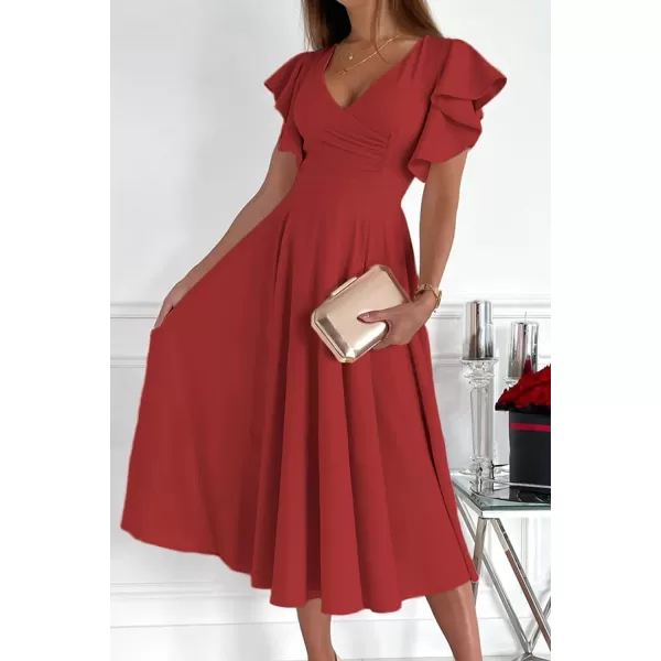 imagePRETTYGARDEN Womens 2023 Summer Midi Dress Ruffle Cap Sleeve V Neck Swing A Line Cocktail Party DressesRed