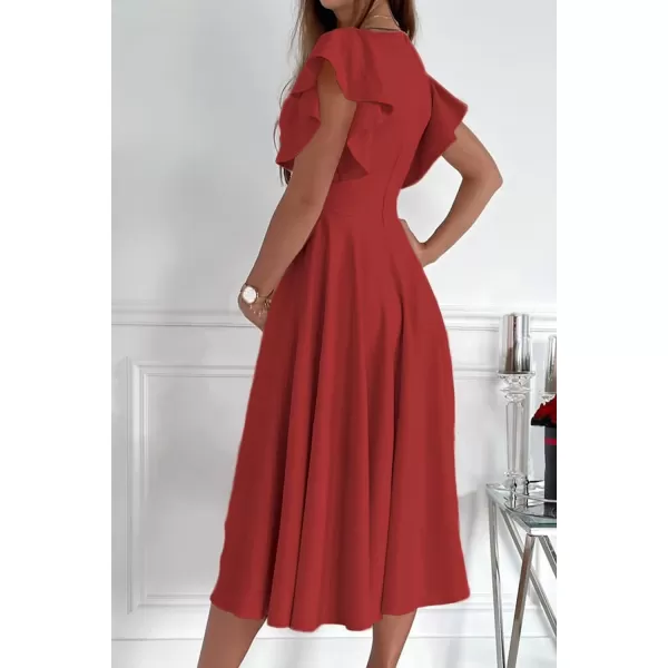 imagePRETTYGARDEN Womens 2023 Summer Midi Dress Ruffle Cap Sleeve V Neck Swing A Line Cocktail Party DressesRed