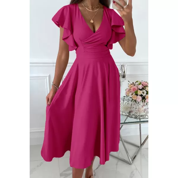 imagePRETTYGARDEN Womens 2023 Summer Midi Dress Ruffle Cap Sleeve V Neck Swing A Line Cocktail Party DressesRose Red