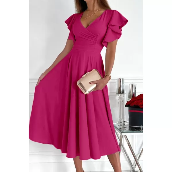 imagePRETTYGARDEN Womens 2023 Summer Midi Dress Ruffle Cap Sleeve V Neck Swing A Line Cocktail Party DressesRose Red