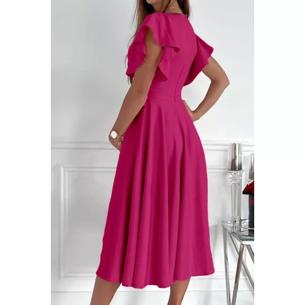 imagePRETTYGARDEN Womens 2023 Summer Midi Dress Ruffle Cap Sleeve V Neck Swing A Line Cocktail Party DressesRose Red