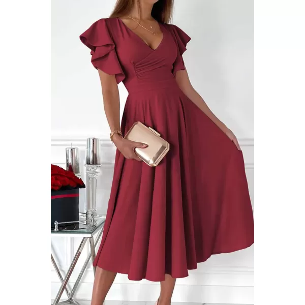 imagePRETTYGARDEN Womens 2023 Summer Midi Dress Ruffle Cap Sleeve V Neck Swing A Line Cocktail Party DressesWine Red