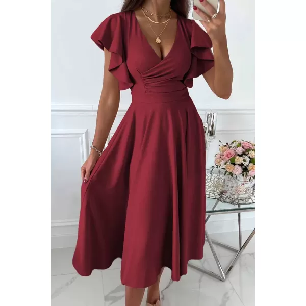 imagePRETTYGARDEN Womens 2023 Summer Midi Dress Ruffle Cap Sleeve V Neck Swing A Line Cocktail Party DressesWine Red