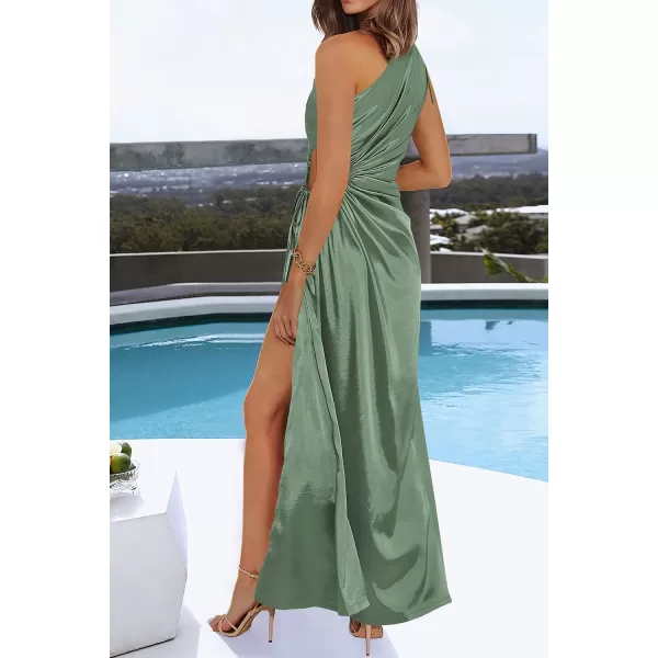 imagePRETTYGARDEN Womens 2023 Summer One Shoulder Satin Dress Cutout High Split Cocktail Wedding Guest Maxi DressesArmy Green